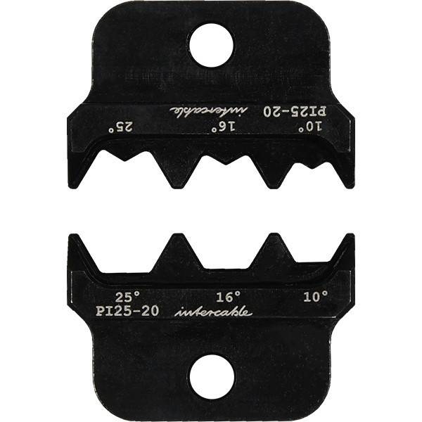 Schwarze austauschbare Crimpstempel mit beschrifteten Größen 10, 16 und 25 für PI25-20-Stecker.