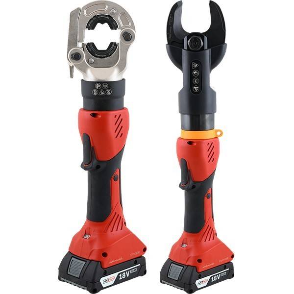 Zwei kabellose hydraulische Crimpzangen mit rot-schwarzen Griffen und 18-V-Batterien, nebeneinander dargestellt, eine mit silbernem Crimpkopf und eine mit schwarzem Schneidekopf.
