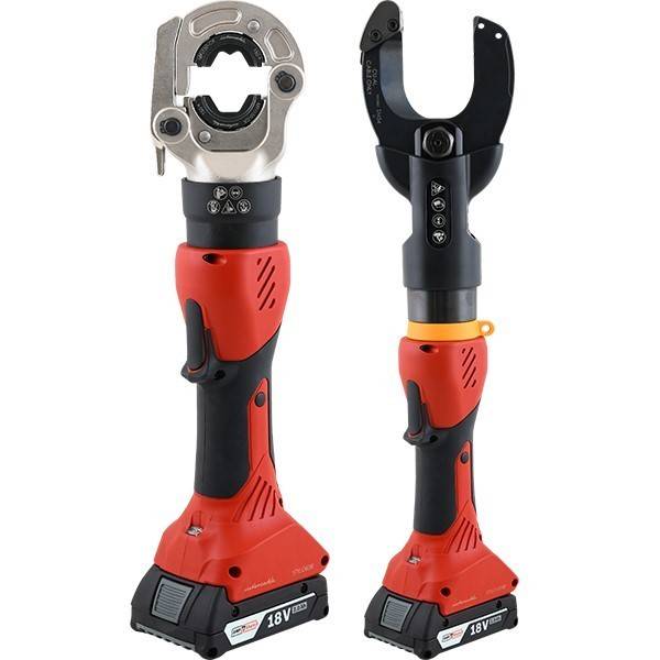 Zwei schnurlose hydraulische Crimpzangen, die nebeneinander angezeigt werden, mit austauschbaren Köpfen und rot-schwarzen batteriebetriebenen Basen mit der Bezeichnung 18V.