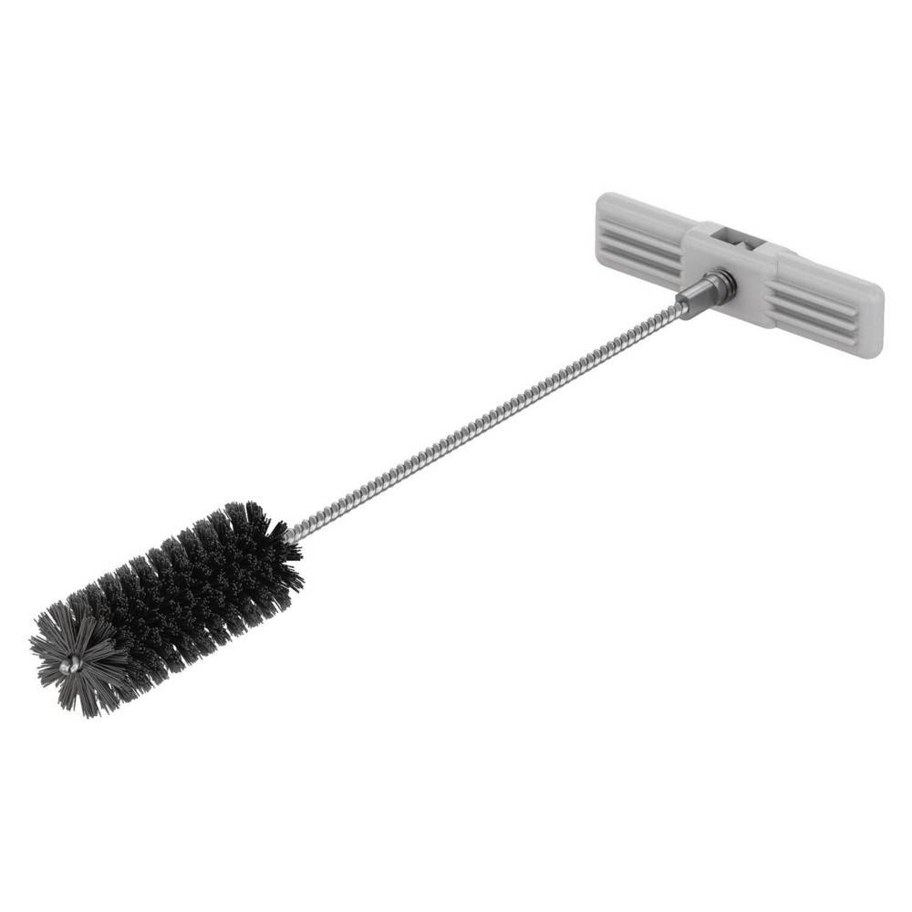 Flaschenbürste mit langem flexiblem Drahtgriff und schwarzen Borsten, auf weißem Hintergrund gezeigt.