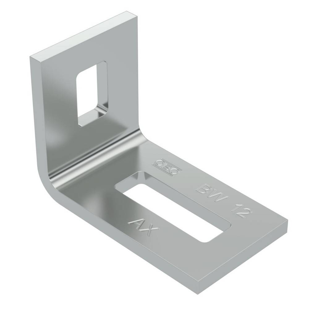 Silberne L-förmige Metallmontageklammer mit vertikal geschliffenem Loch und horizontalem Rechteckschlitz, gekennzeichnet mit 'AX' und 'B/W 12'.