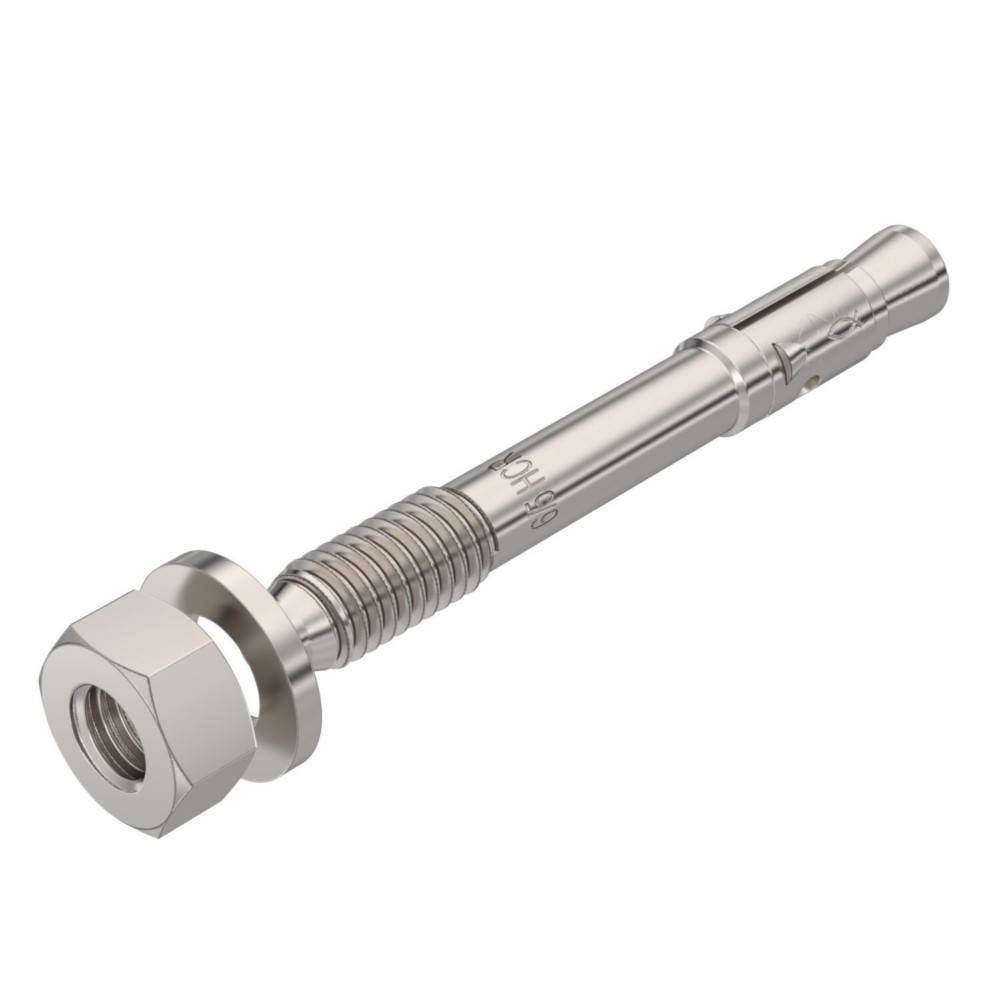 Metalldehnungsankerschraube mit Sechskantmutter und Gewindehülse, einzeln auf weißem Hintergrund abgebildet.