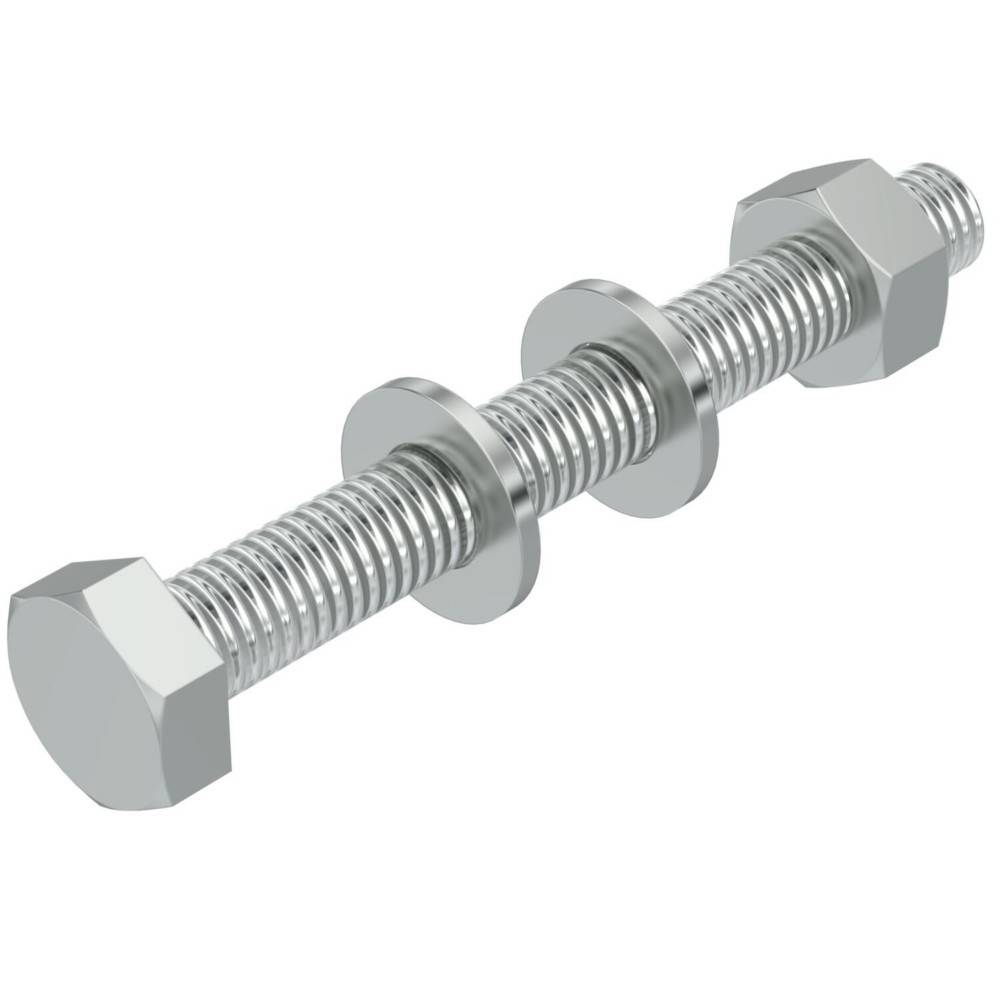Ein Metallbolzen mit Muttern und Unterlegscheiben auf weißem Hintergrund.
