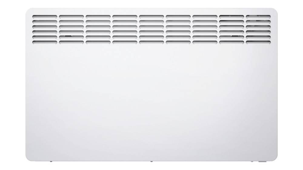 Weiße wandmontierte Heizung oder elektrischer Heizkörper mit Lüftungsschlitzen entlang der Oberseite und einer schlichten Frontplatte.