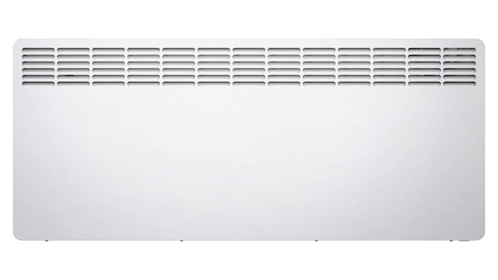 Weiße rechteckige wandmontierte belüftete Platte mit horizontalen Lamellen entlang der oberen Kante.
