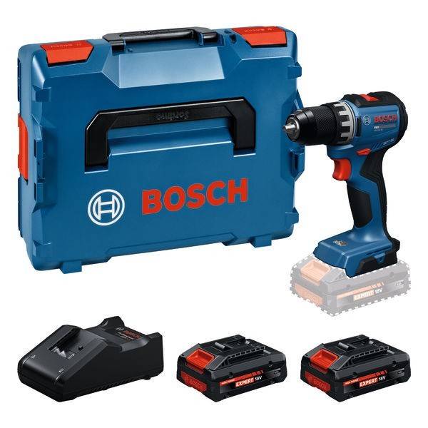 Bosch-Akku-Bohrschrauber-Set mit blauem Transportkoffer, Bohrmaschine, Batterieladegerät und zwei Batterien auf weißem Hintergrund dargestellt.