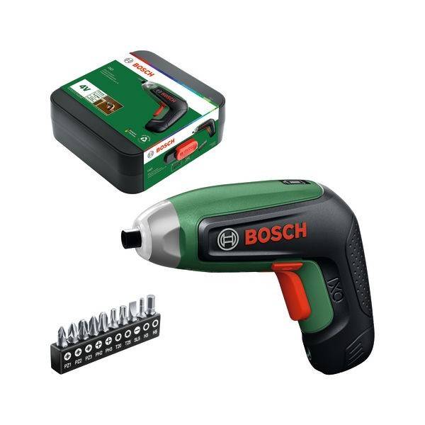 Bosch Akku-Schraubendreher mit Transportkoffer und austauschbarem Bitset auf weißem Hintergrund dargestellt.
