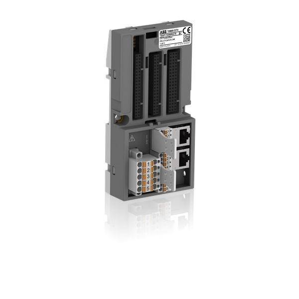 Industrielles ABB-Elektromodul mit mehreren Anschlussports und Anschlussleisten, isoliert auf weißem Hintergrund.