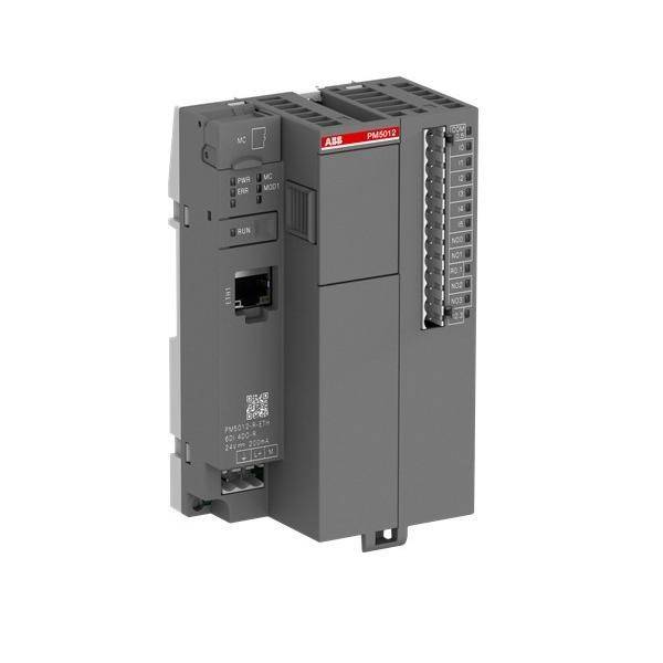 Graues ABB-Industriesteuermodul mit Ethernet-Anschluss und Klemmleisten auf weißem Hintergrund.