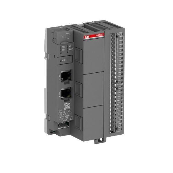 ABB-Industrieregelmodul mit Ethernet-Anschlüssen und einer langen Anschlussleiste auf weißem Hintergrund.