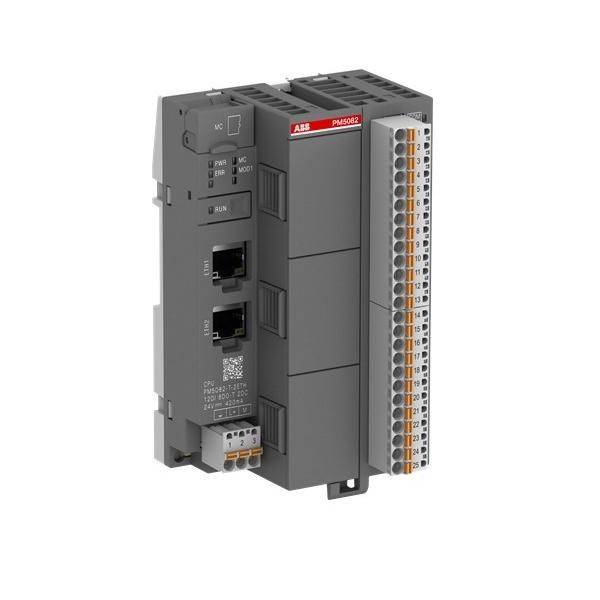 ABB PM5802 Industrie-SPS-Modul mit Ethernet-Anschlüssen und nummeriertem Terminalblock, isoliert auf weißem Hintergrund dargestellt.
