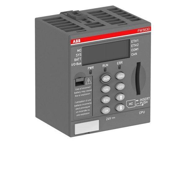 ABB PM5630 programmierbares Logikcontroller-Modul mit Display, Statusleuchten und vorderen Tasten auf einer grauen Industrieeinheit.