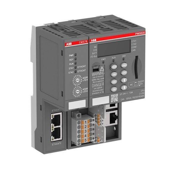 ABB Industriesteuerungsmodul mit Ethernet-Anschlüssen, Statusanzeigen und Tastenfeld/Display für Maschinenautomation.