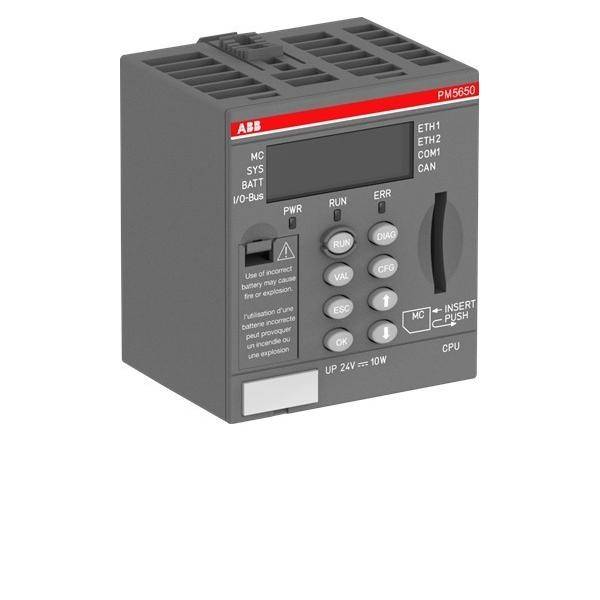 ABB PM5650 CPU-Modul mit Display, Status-LEDs und Steuertasten für ein Industrieautomationssystem.