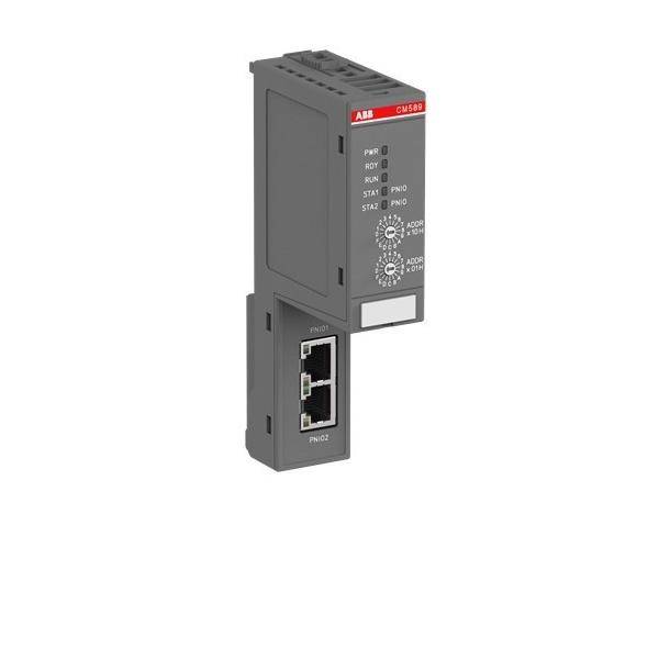 ABB CM589 Industrielle Kommunikationsmodul mit zwei Ethernet-Anschlüssen und Status-LEDs auf einem grauen DIN-Schienen-Gerät.
