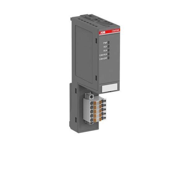 ABB CM598 Industrialkommunikationsmodul mit Status-LEDs und mehradrigem Stecker auf weißem Hintergrund.
