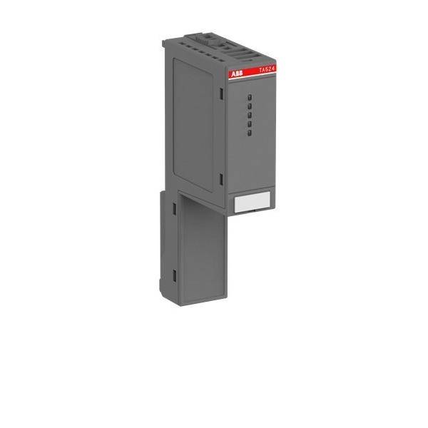 Graues ABB TA524 Industrie-Elektromodul mit rotem ABB-Etikett und kleinen Anzeigelampen, isoliert auf weißem Hintergrund dargestellt.