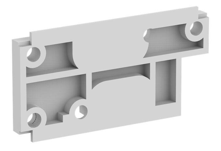 3D-CAD-Darstellung eines rechteckigen mechanischen Blocks mit mehreren Ausschnitten, Taschen und Befestigungslöchern auf weißem Hintergrund.