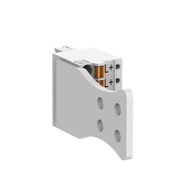 Weiße elektrische Anschlussklemme oder Stecker mit gekrümmter grauer Abdeckung, zeigt mit L+ bezeichnete Kontaktpunkte und Befestigungslöcher auf weißem Hintergrund.