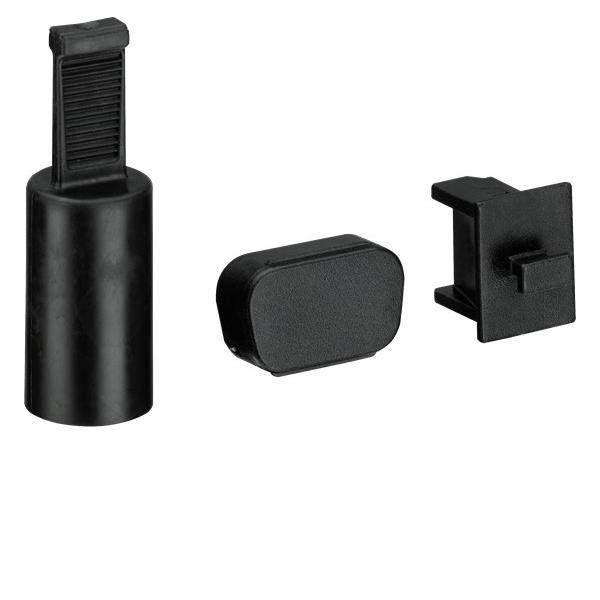 Drei schwarze kunststoff-hardware-teile auf weißem hintergrund: ein zylindrischer pfosten, eine abgerundete kappe und ein rechteckiger clip.