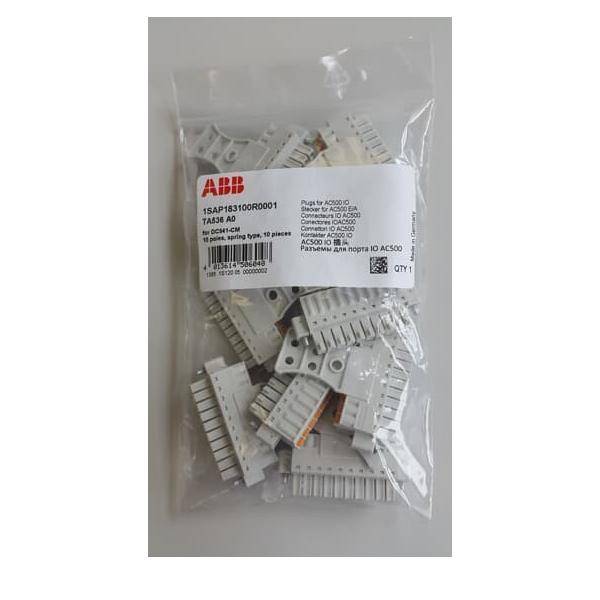 Eine Tasche mit ABB-Elektrosteckverbindern und Verdrahtungsteilen mit einem Produktetikett auf der Vorderseite.