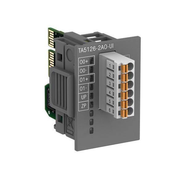 Graues TA5126-2A0-UI Industrie-Steckverbindermodul mit beschrifteter Reihenklemme und sechs nummerierten Anschlussanschlüssen auf weißem Hintergrund