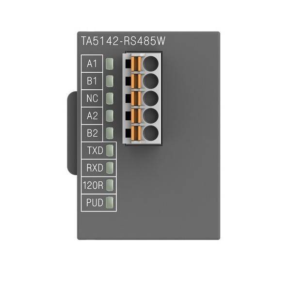 Ein TA5142-RS485W-Modul mit beschrifteten Anschlüssen A1, B1, NC, A2, B2, TXD, RXD, 120R und PUD, frontal auf weißem Hintergrund dargestellt.