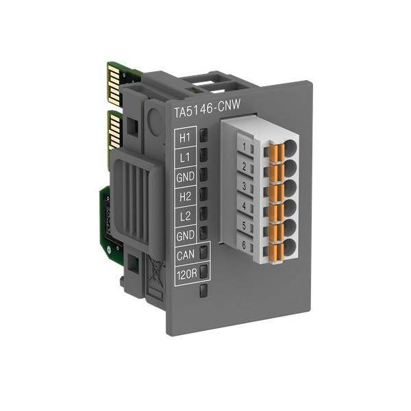 Graues TA5146-CNW Industriesteckverbindermodul mit sechs nummerierten Anschlüssen und Beschriftungen H1, L1, GND, H2, L2, GND, CAN und 120R.