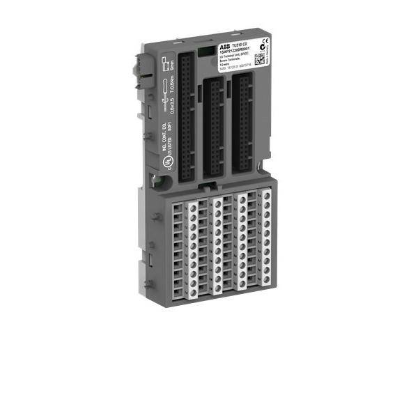 Graues ABB-Industriestromversorgungsterminalmodul mit mehreren Anschlussanschlüssen und Schraubklemmenblöcken.