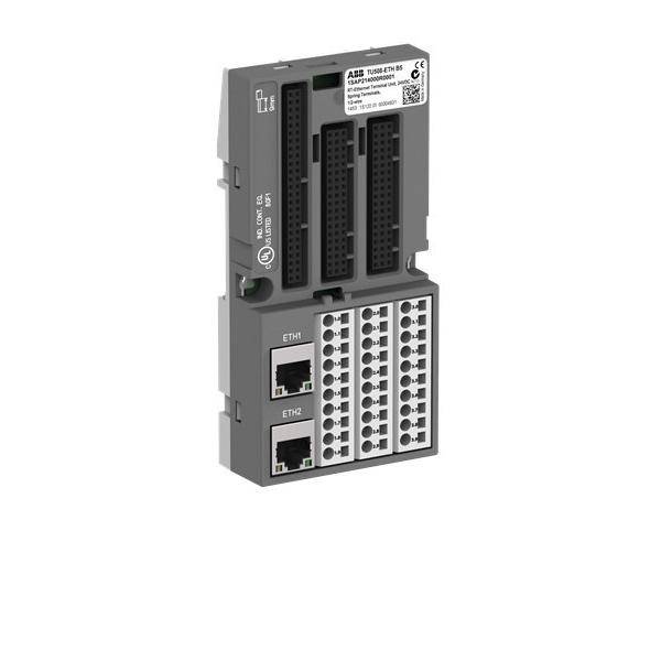 Industrielles PLC-I/O-Modul mit zwei Ethernet-Anschlüssen und mehreren Klemmleisten, dargestellt auf weißem Hintergrund.
