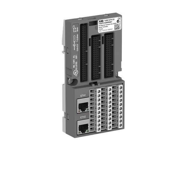 Industrielles ABB-SPS-E/A-Modul mit mehreren Anschlussblöcken und zwei Ethernet-Anschlüssen, dargestellt isoliert auf weißem Hintergrund.
