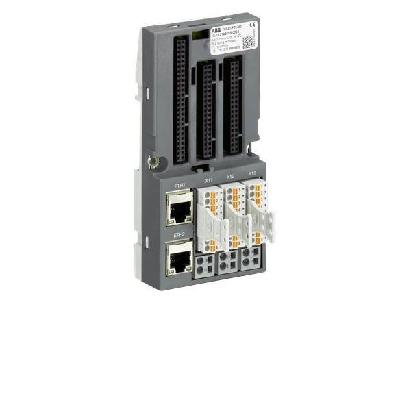 Industrielles ABB-Automatisierungscontroller-Modul mit zwei Ethernet-Anschlüssen und mehreren Anschlussblöcken auf einem grauen Gehäuse.