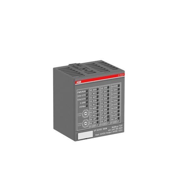 Graues ABB-Industrie-Relaismodul mit gekennzeichneten Status- und Ein-/Ausgangindikatoren auf der Frontplatte