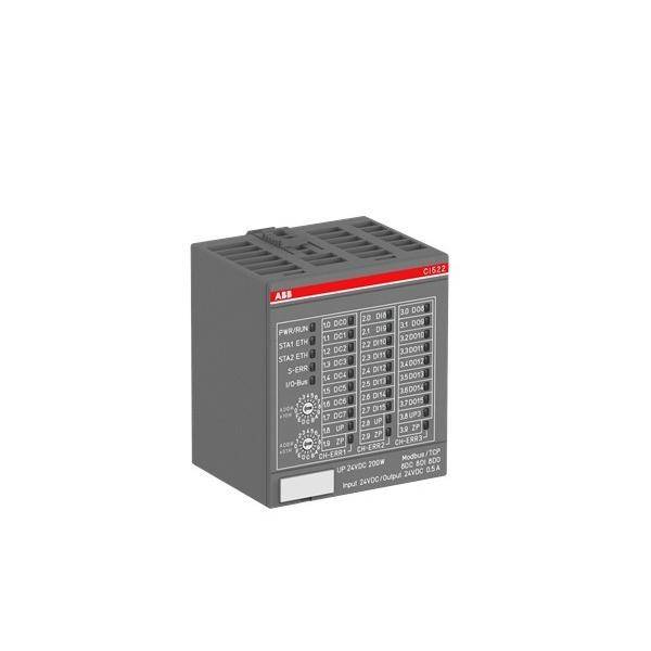 ABB CS122 Industrielles Steuermodul mit gekennzeichnetem Schaltplan und Statusindikatoren auf der Frontplatte.