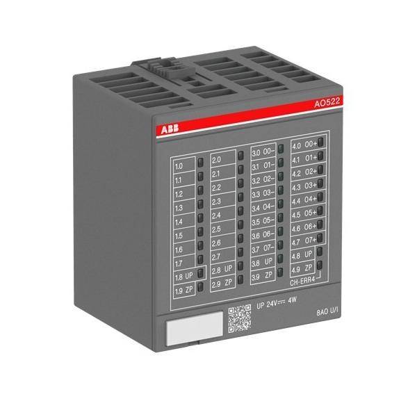 Graues ABB AO522 Industrie-E/A-Modul mit nummerierten Anschlussbezeichnungen und Statusanzeigen auf der Frontplatte.
