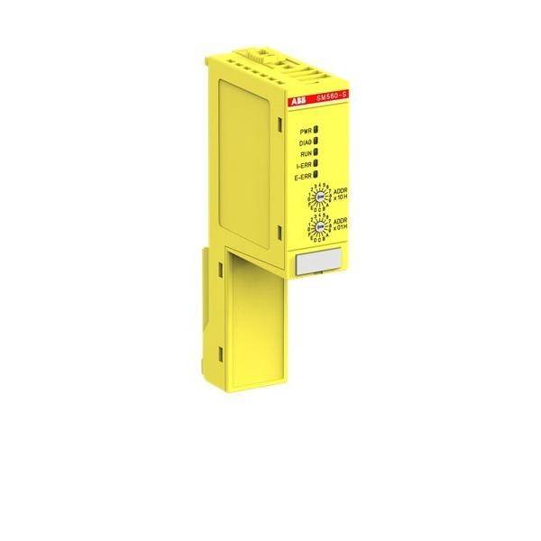 Gelbes ABB-Industriesteuermodul mit Statusanzeige-LEDs und Einstellreglern