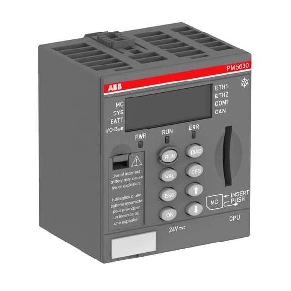 Graues ABB PM5630 CPU Industrie-Controllmodul mit Display, Statusleuchten und Ausführungs-/Diagnoseschaltern.