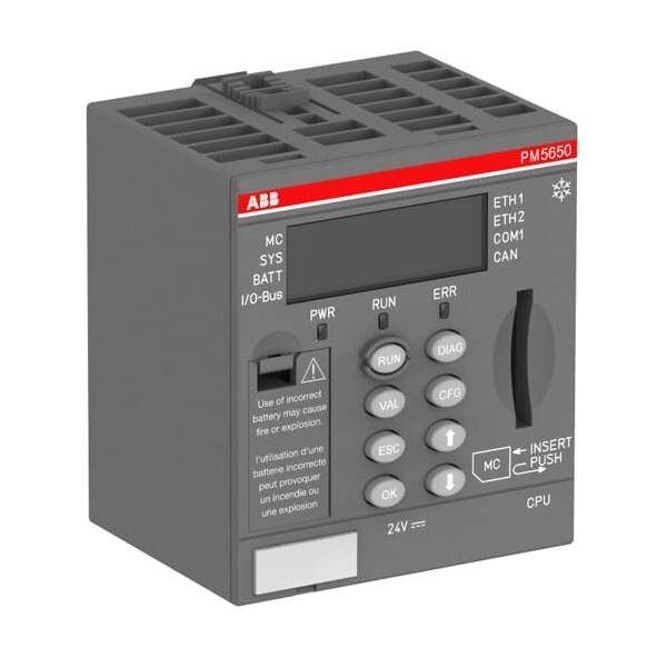 Graues ABB PM5650 CPU-Modul mit Display, Status-LEDs und Steuertasten für Industrieautomationssysteme.