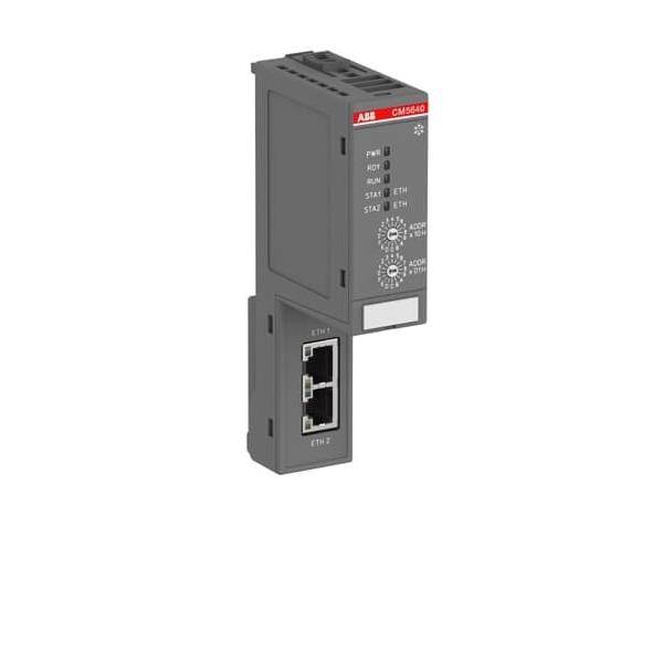 ABB CMS-640 Industrielles Kommunikationsmodul mit zwei Ethernet-Anschlüssen und Statusanzeigen, isoliert auf weißem Hintergrund dargestellt.