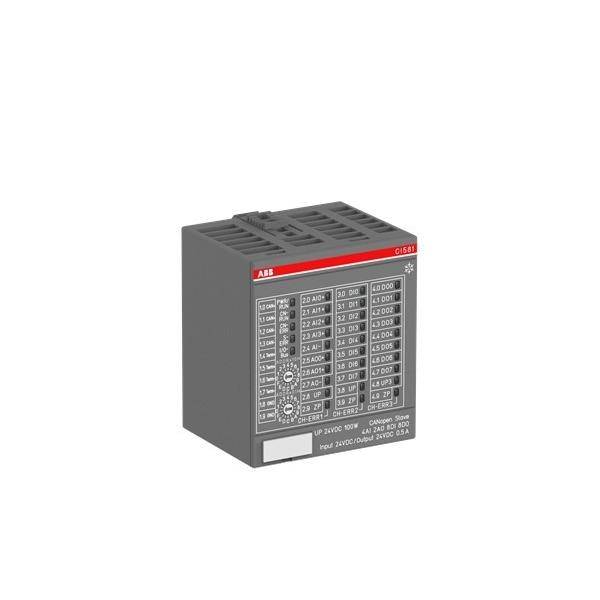 Graues ABB CISE Relaismodul mit beschrifteter Frontplatte und nummerierten Klemmen, dargestellt auf weißem Hintergrund.