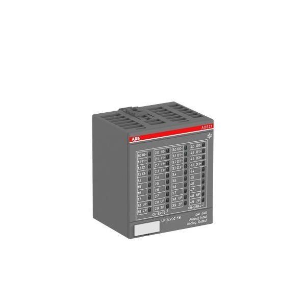 ABB Industriesteuermodul mit beschrifteter Anschlussübersicht auf der Vorderseite und belüftetem Deckel, dargestellt vor weißem Hintergrund.