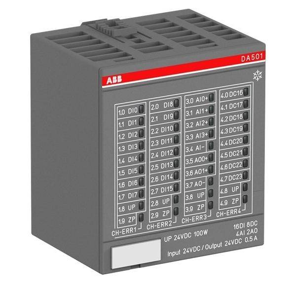 ABB DA501 Industrie-E/A-Modul, grau mit beschrifteten Ein- und Ausgangsklemmen und rotem ABB-Logo auf der Vorderseite.