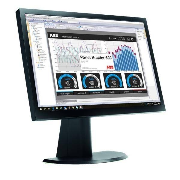 Ein Desktop-Monitor zeigt ABB Panel Builder 600 Softwaresteuerung für industrielle Kontrolle mit Liniendiagrammen, einem Balkendiagramm und vier Maschinenstatus-Messinstrumenten an.