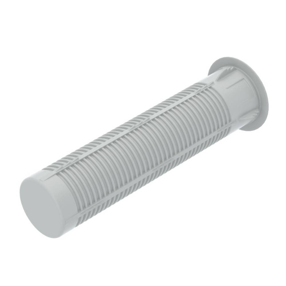 Weißer zylindrischer Mesh-Filtereinsatz mit Flanschende, gezeigt auf neutralem Hintergrund.