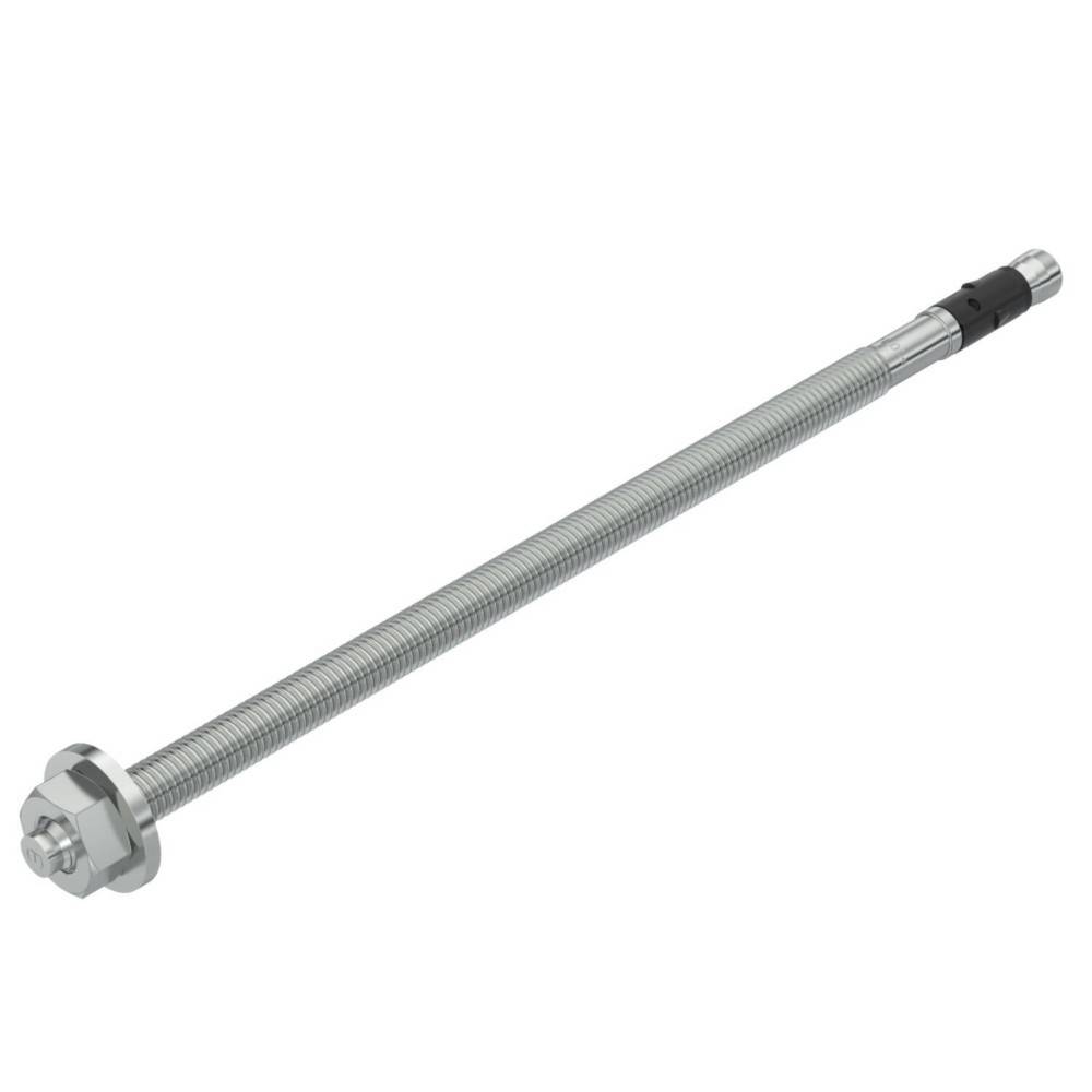 Lange Gewindestange aus Metall mit Sechskantmutter und Schutzkappe, dargestellt auf weißem Hintergrund.