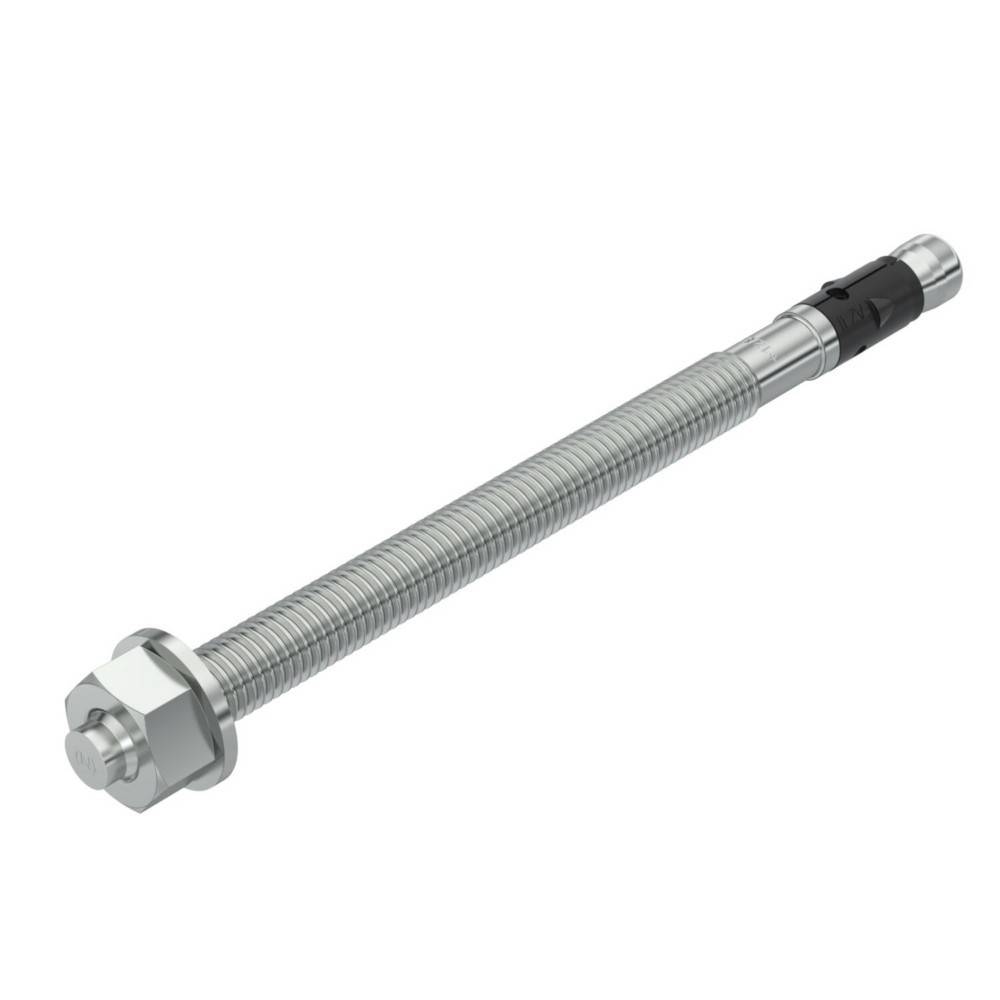 Ein langer gewindelter Metallfastener mit einer Sechskantmutter an einem Ende und einer schwarzen Kappe an der anderen Seite, auf weißem Hintergrund dargestellt.