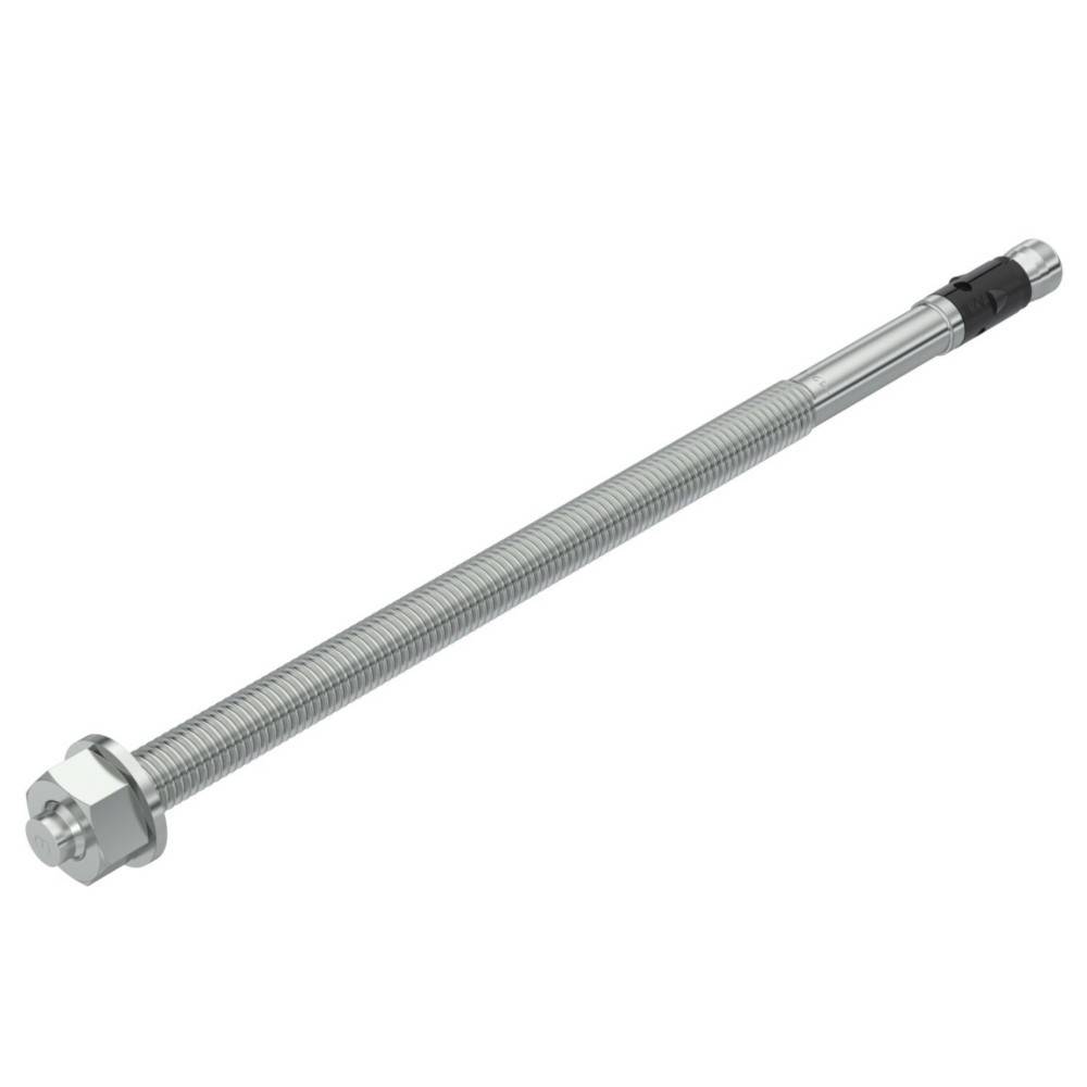 Ein langer Gewindebohlen oder eine Gewindestange aus Metall mit einer Sechskantmutter an einem Ende und einer Schutzkappe an dem anderen Ende, dargestellt auf weißem Hintergrund.