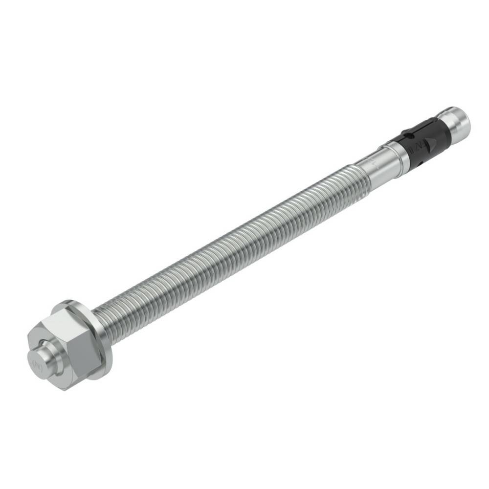 Lange Gewindemetallschraube mit einer Sechskantmutter und einer Unterlegscheibe an einem Ende und einem schwarzen Steckverbinder mit Kappe am anderen Ende, gezeigt auf weißem Hintergrund.