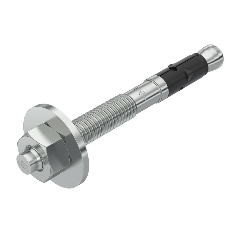 Metallischer Expansionsankerschraubbolzen mit Sechskantmutter, Unterlegscheibe, Gewindeschaft und konischer Hülse zur Betonbefestigung.