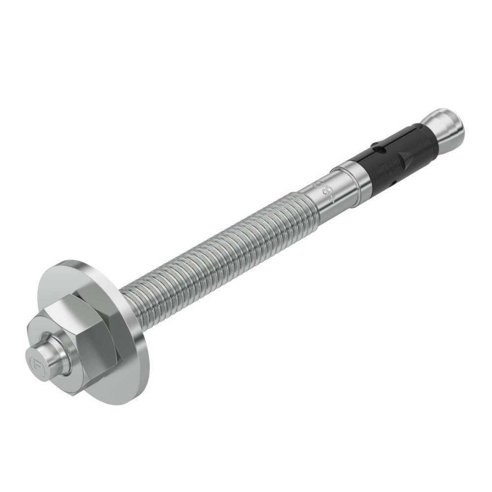 Ein Metallanker-Keilbolzen mit gewindeliertem Schaft, Sechskantmutter, Unterlegscheibe und schwarzer Expansionshülse auf weißem Hintergrund.